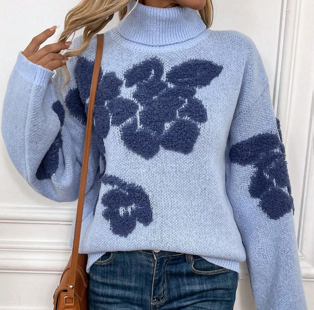 Floral Pattern Turtleneck Drop Shoulder Sweater - Picture 4 of 5